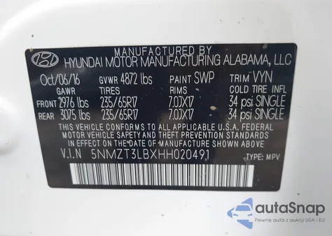 2017 Hyundai Santa Fe Sport 2.4L z USA, uszkodzony, nr VIN 5NMZT3LBXHH020491